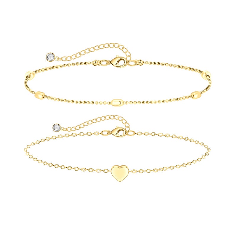 Kyerlyn Dainty Heart Bead Chain Anklet for Women 18k Gold Plated Layered Summer Beach Adjustable Ball Anklet Cute Tiny Simple Fashion Foot Jewelry Gift for Her - Image 1